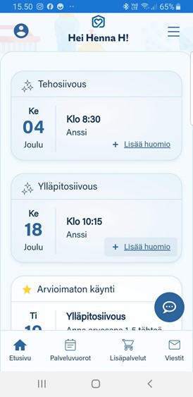 Kotirinki Asiakassivu Etusivun näkymässä tulevat palveluvuorot